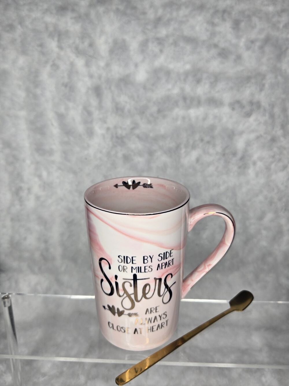 Pink Marble Ceramic Sister Coffee Mug Spoon Set Side by Side Miles Apart